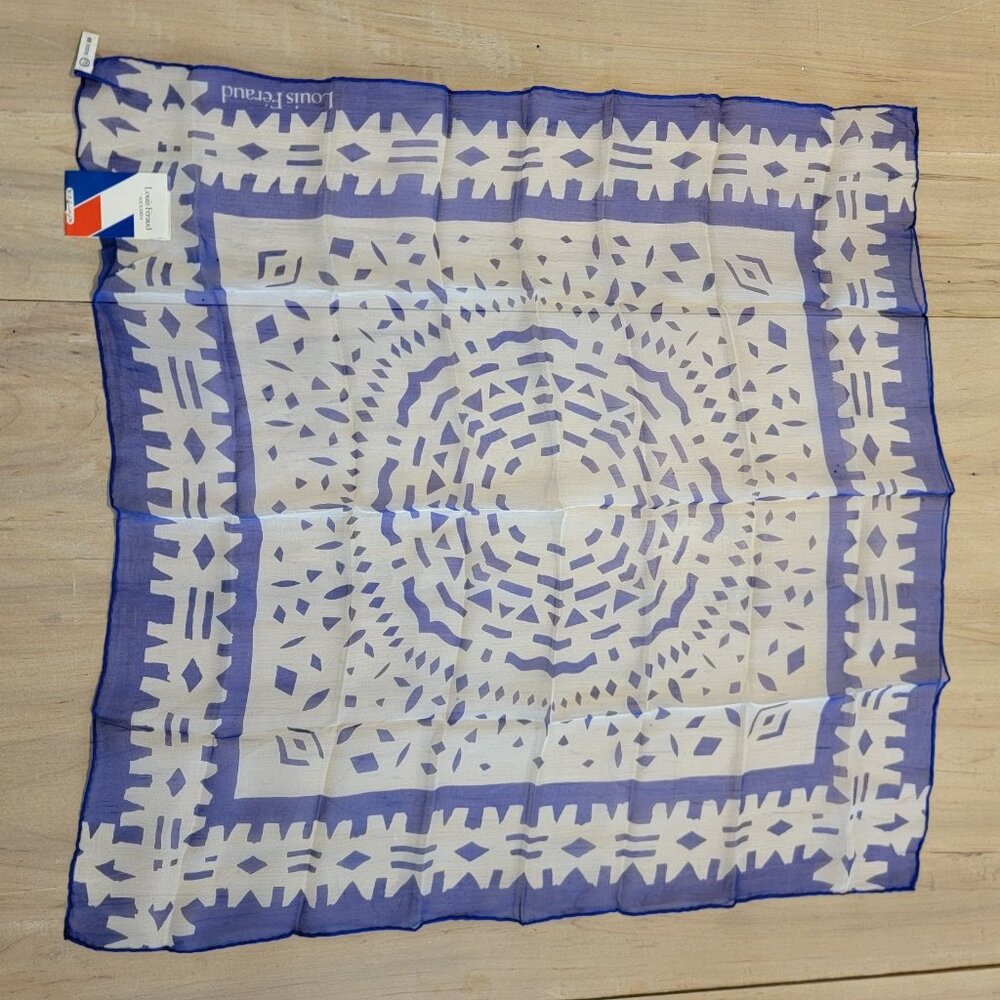 Vintage Louis Feraud Silk Scarf Blue White Geometric Print 22" Sq Moon Bat NWT